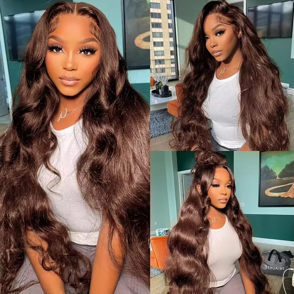 #4 Chocolate Brown Body Wave Human Hair Wig 13x6 HD Lace Frontal Human Hair Wigs 200 Density 46 Inch Remy Hair Wigs For Women