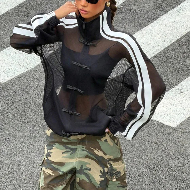 Summer Women's Y2K Streetwear Vintage Chinese Style Sheer Mesh Stand Collar Long Sleeve Loose Side Stripe Frog Button Jacket