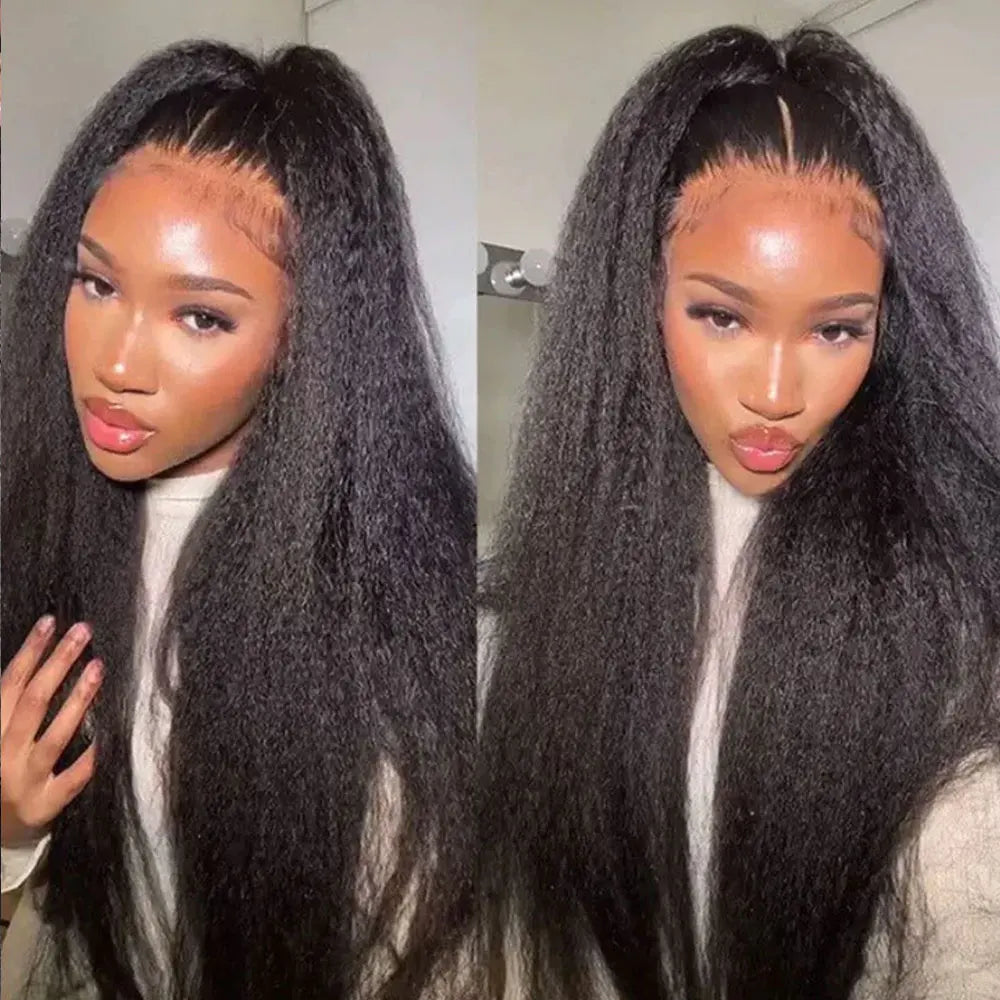 40 42 Inch Kinky Straight Lace Front Wig Pre Plucked Yaki Straigh HD 13X4 Lace Frontal Wig 4C Edges Curly Human Hair Wigs