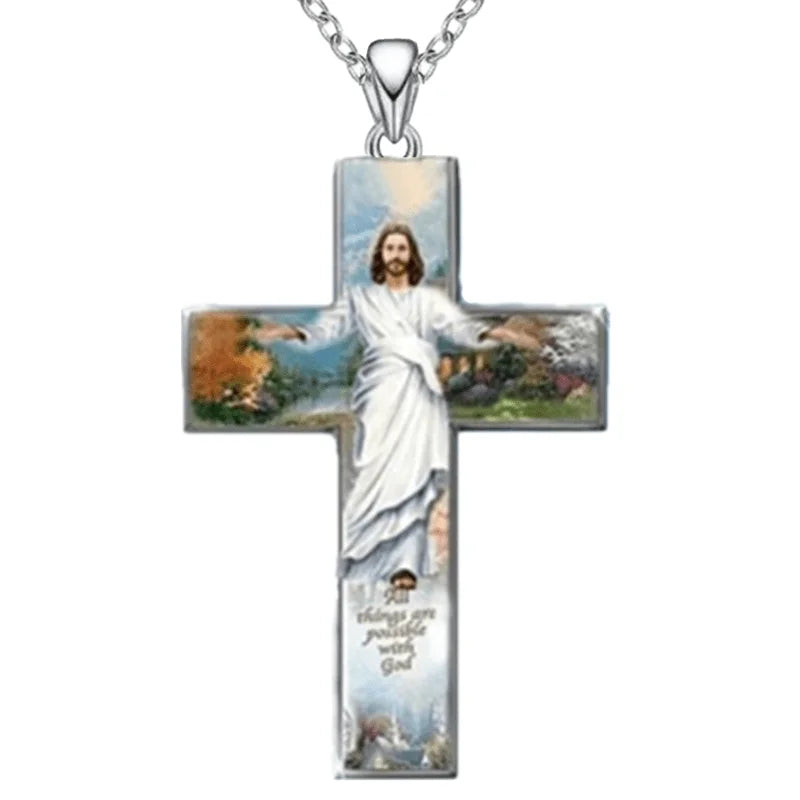 Vintage Women Cross Pendant Religious Belief Jesus Cross Painted Sticker Pendant Charm Necklaces for Women Cross Jewelry Gift