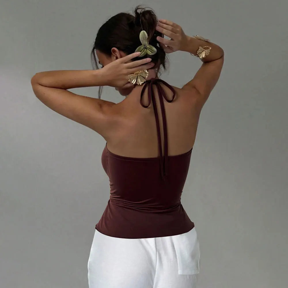 Women's Clothing Halter Neck Tube Top Summer Slim Sleeveless Top Solid Color Casual Simple Style All-match Bodycon Off Shoulder