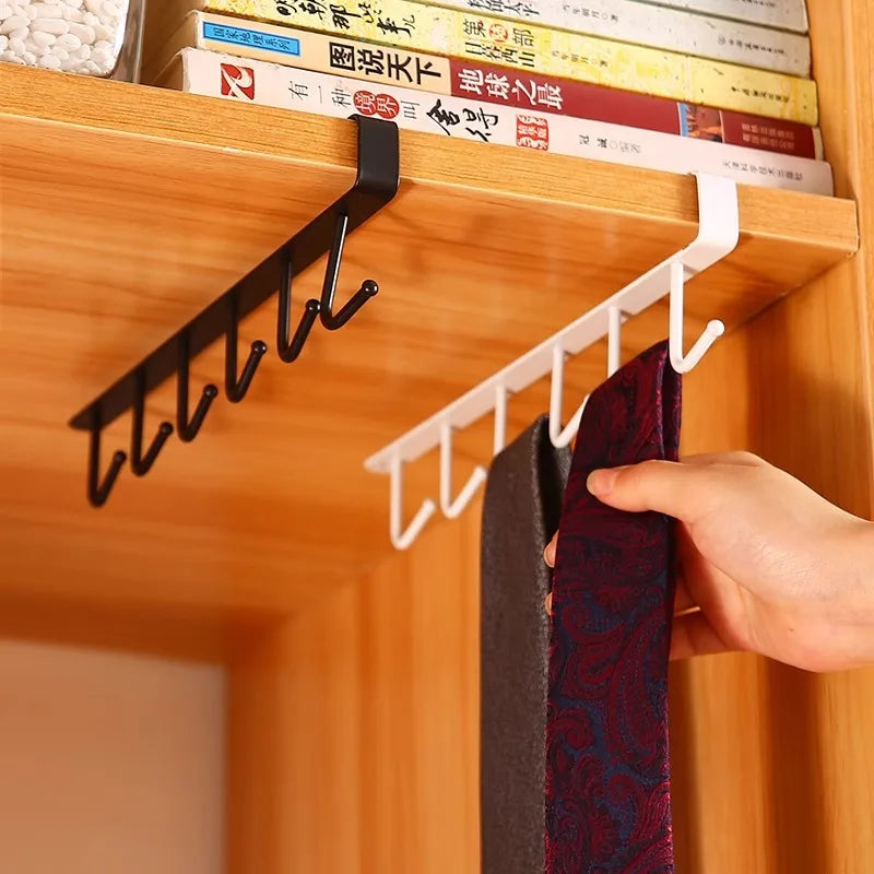 Household Kitchen Cabinet Bottom Shelf Hanging Hook, Non Perforated Cloth Rack, 6-Hook Organizing Rack, Spatula Hanging Rack