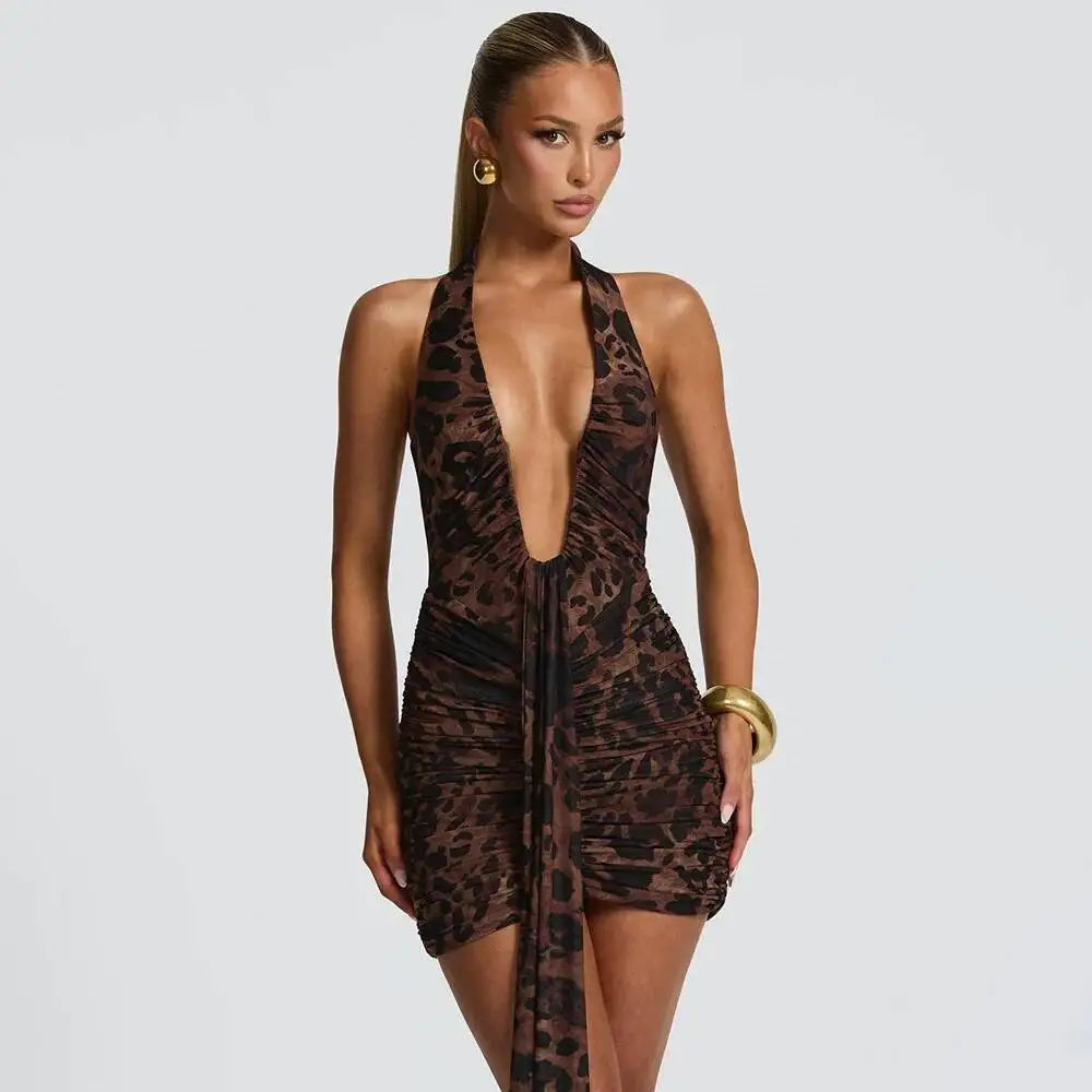 Avrilyaan Leopard Print Halter Pleated Ribbon Dress Women Mini 2025 Summer Dress Deep V Backless Sexy Party Dresses Vestidos
