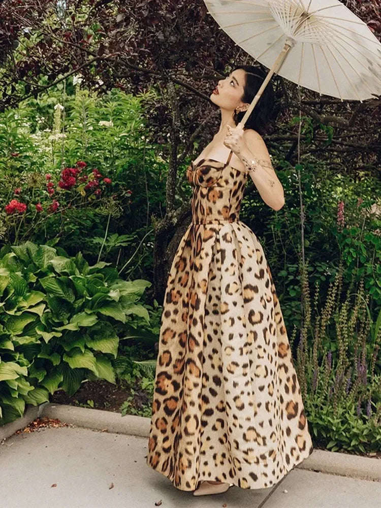 Leopard Print Sleeveless Sling Dress For Women Fashion Chic Backless A Line Dresses 2025 Elegant Female High Street Vestidos