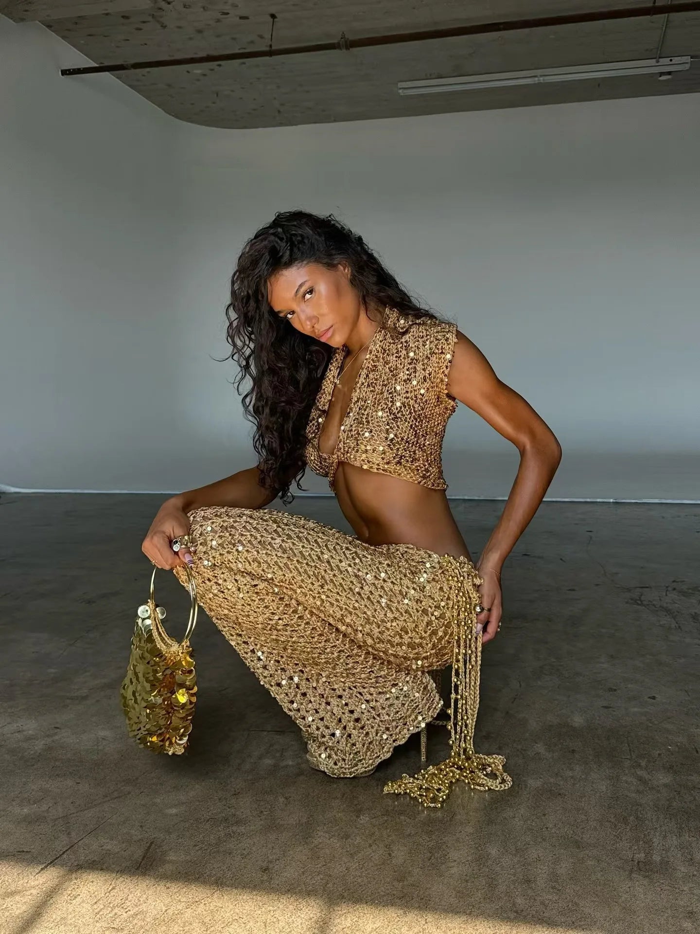 FAGADOER Sexy Hollow-out Sequin 2 Pieces Set for Woman Solid Deep V-neck Crop Top and Tassel Pants Female Streetwear Clothing