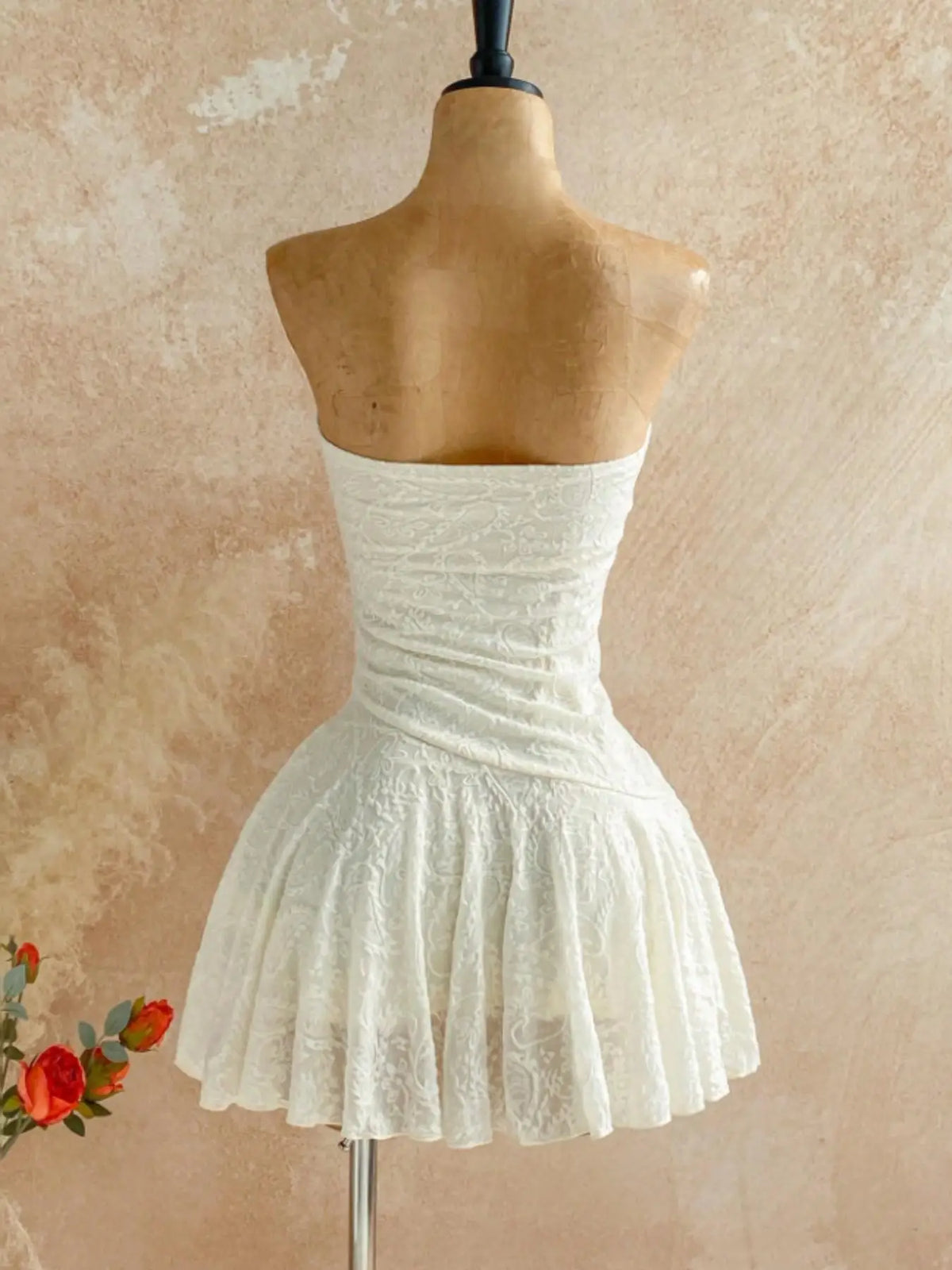 Women Sweetheart Strapless Embossed Lace Mini Night Dress, Front Ruffle Floral Brooch, Slim Fit Flared Skirt, Soft Cozy Loungewear, Nightwear, Feminine, Cute, Loungewear Nightdress