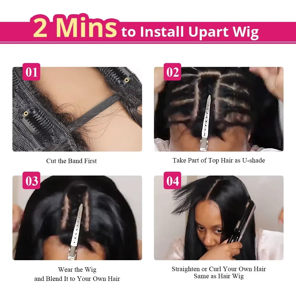 U Part Wigs Human Hair Straight Human Hair Wigs No Leave Out No Sew-In Glueless 220 Density Natural Black Beginner Friendly