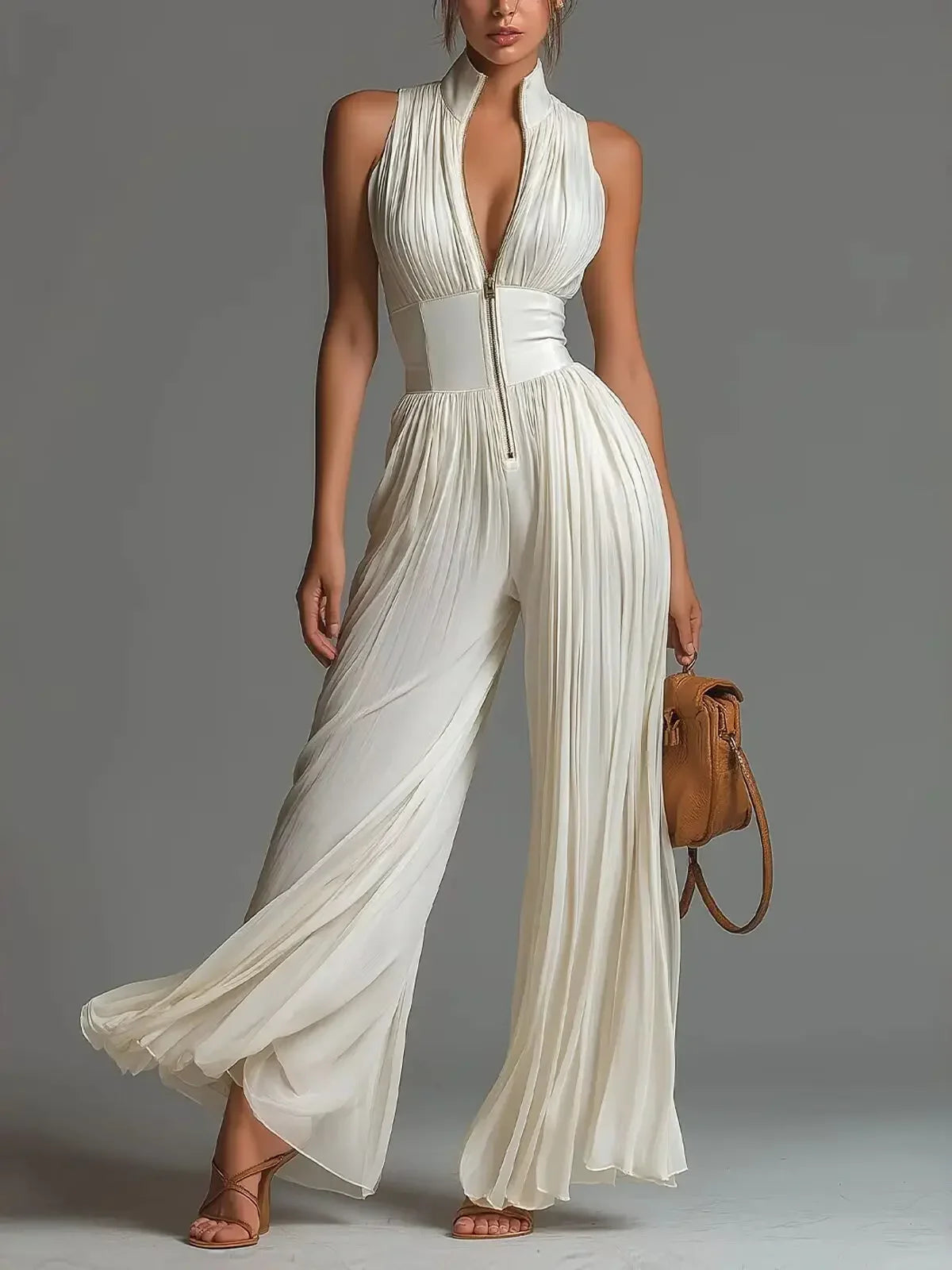 Women's White Pleated Halter Sleeveless Jumpsuit Front Zip High Waist Wide Leg Floor Length Elegant Party Long Romper For Ladies