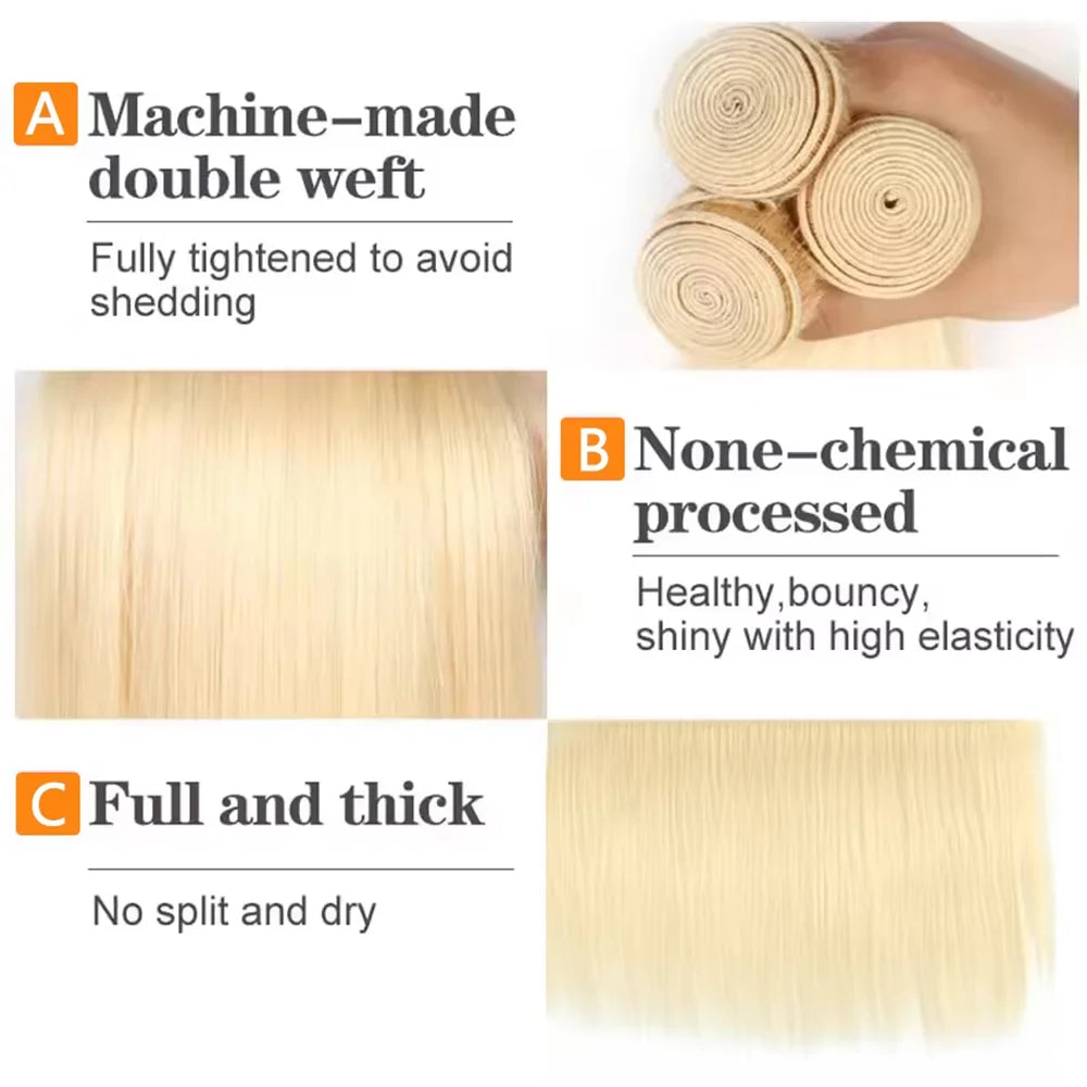 1/3/4 Brazilian Hair Bundles Bone 613 Honey Blonde Straight Weave Remy Human Hair Double Weft 30 36 40 Inch Bundle Weaving