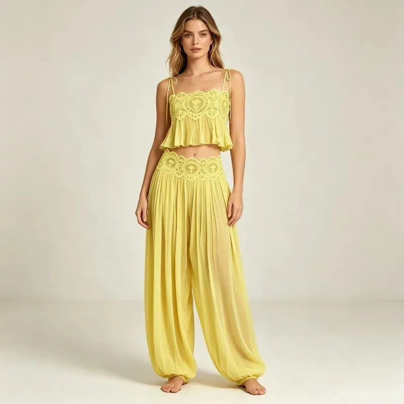 Women's Floral Lace Sheer Tiered Skirt Set 2026 Summer Spaghetti Strap Ruffle Crop Top High Waist Maxi Beach 2 Piece Dress