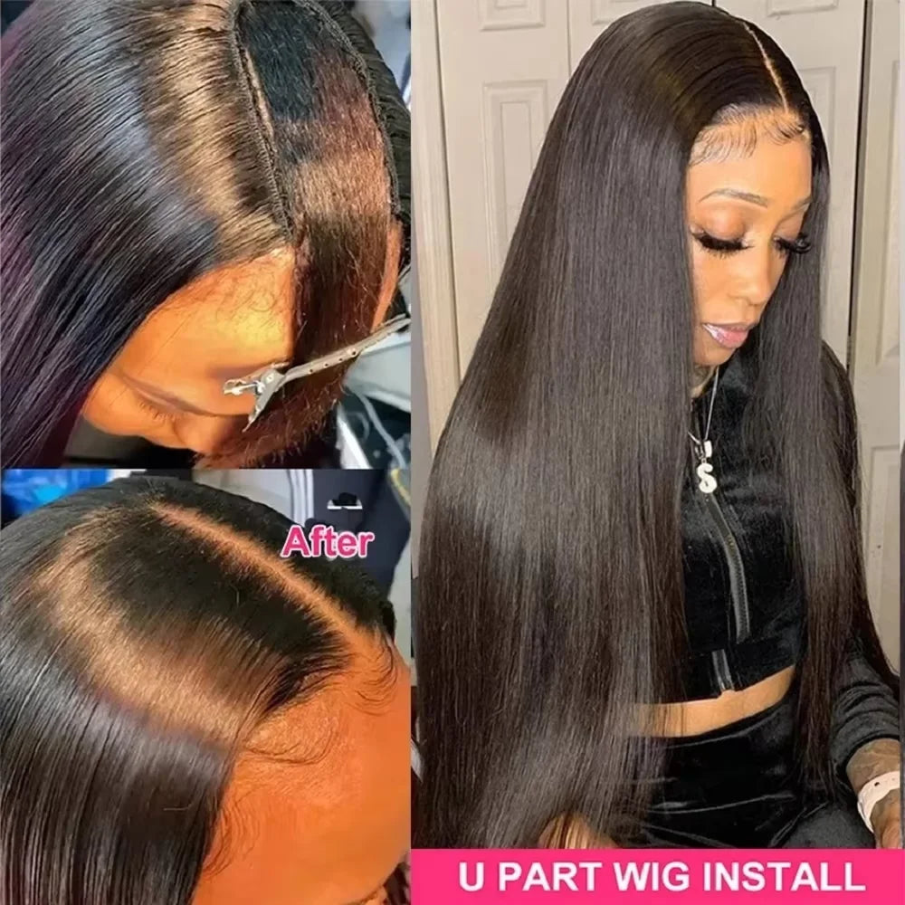 U Part Wigs Human Hair Straight Human Hair Wigs No Leave Out No Sew-In Glueless 220 Density Natural Black Beginner Friendly