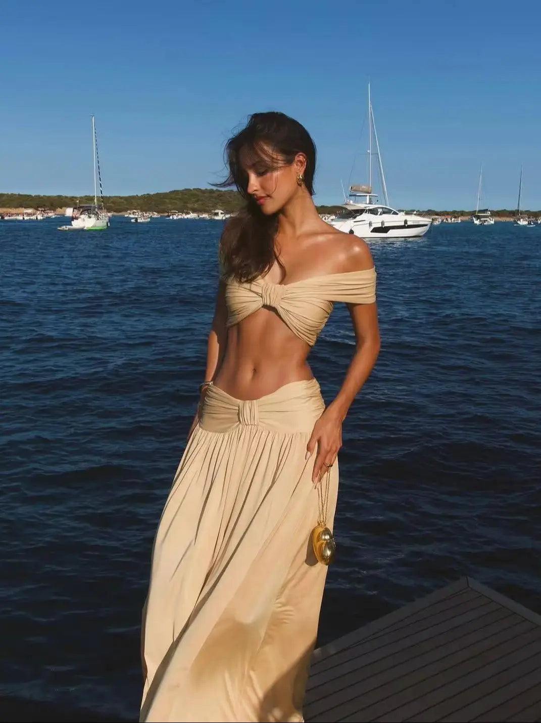 Soild Two Piece Skirt Off Shoulder Halter Beach Dress Women High Waist A-line Bandage Ruched Long Skirt Suit Summer Casual Set