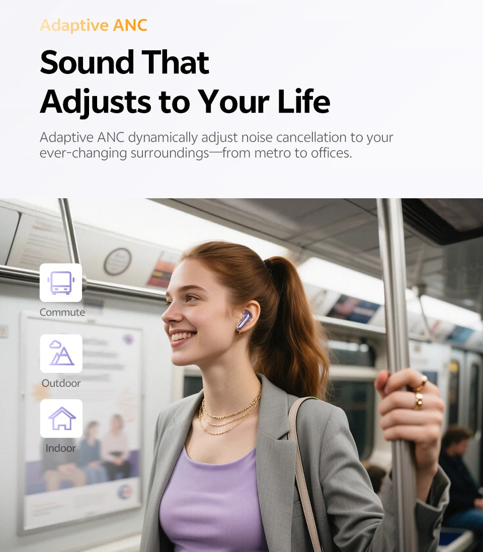 QCY MeloBuds N70 Adaptive ANC Wireless Earbuds Bluetooth 6.0 LDAC Hi-Res Audio 6 Mics Wireless Charging Earphones 50Hrs IPX5