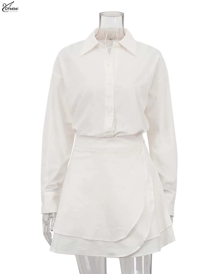 Oymimi Elegant Beige Cotton Two Piece Set For Woman Fashion Long Sleeve Button Shirts And High Waist Lace-Up Mini Skirts Sets