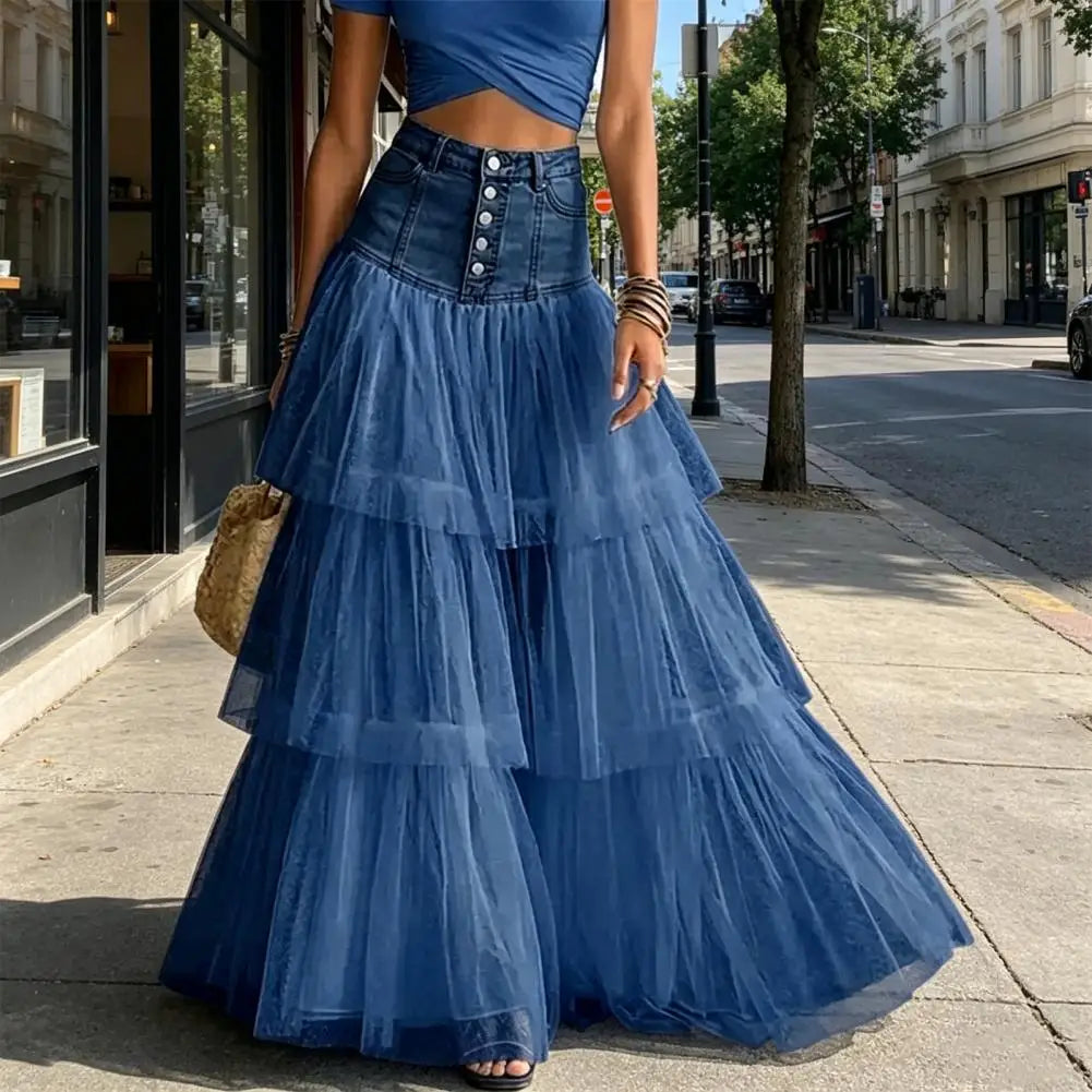 Maxi Skirt Women Skirt Women’s High Waist Mesh Skirt Breathable Patchwork Maxi Versatile Wedding Night Out Summer Mesh Skirts
