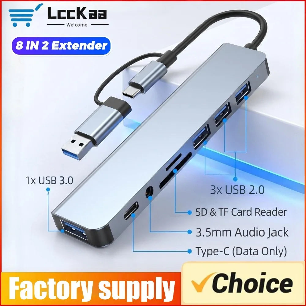 8 in 2 Type C USB HUB Docking Station with 3.5mm Audio Jack for Micro SD Card Reader MacBook Laptop Tablet Phone Disk Converter