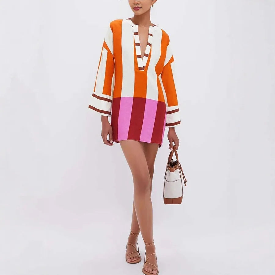 Autumn Winter Women Linen Material Mini Dresses Print Sexy V-neck Hollow Out Long Sleeves Robeson Beach Party Female Dresses
