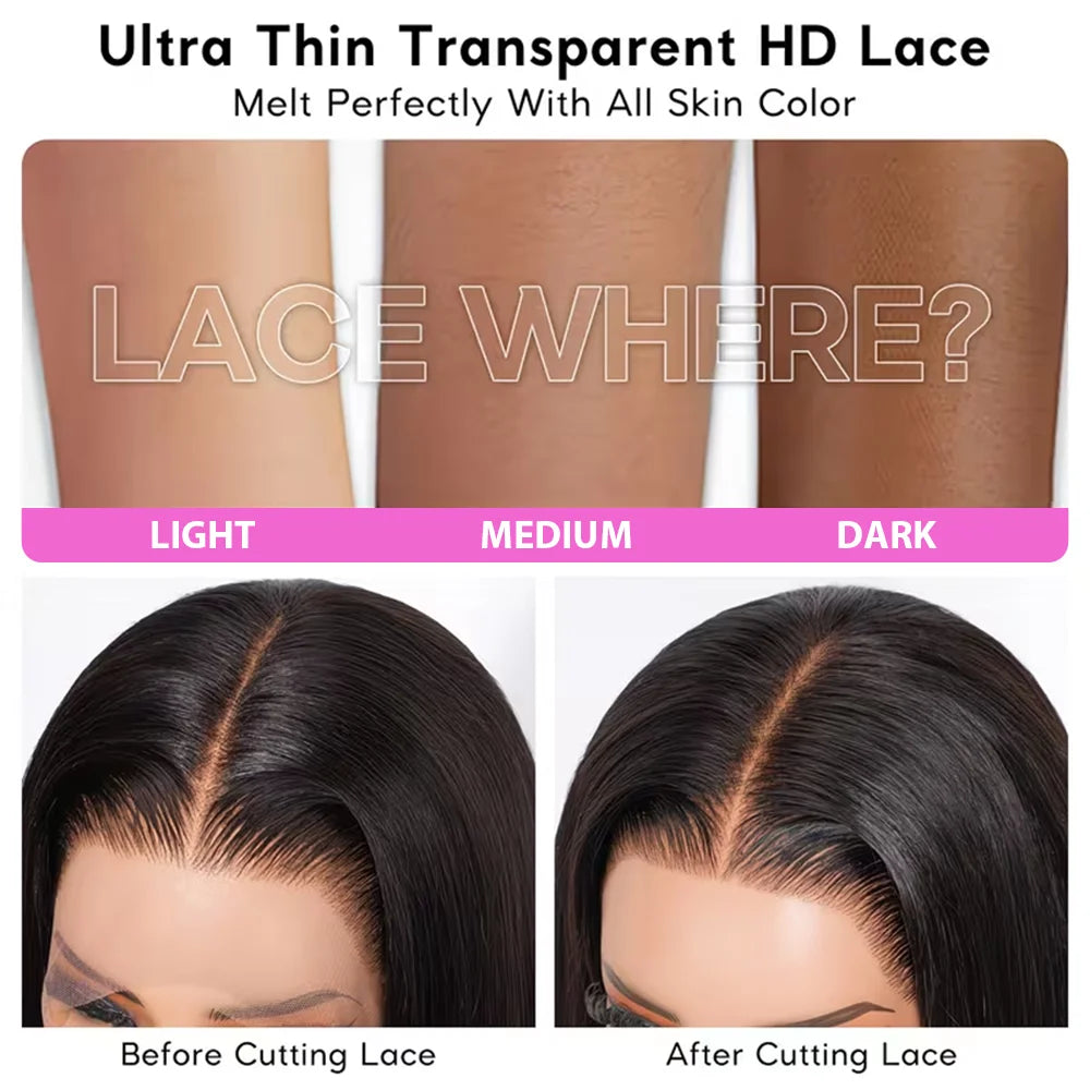 Brazilian 100% Human Hair Wigs 4x4 Glueless Put on and Go Wig 40 Inch 13x4 HD Transparent Bone Straight Lace Frontal Wigs 13x4 Pre Plucked Human Hair Wigs 250 Density for Women