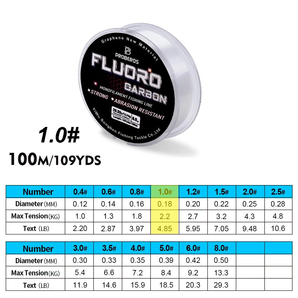 PROBEROS 100M Fluorocarbon Coating Fishing Line 2.2LB-29.3LB Carbon Fiber Monofilament Leader Line Carp Fishing Sinking Line