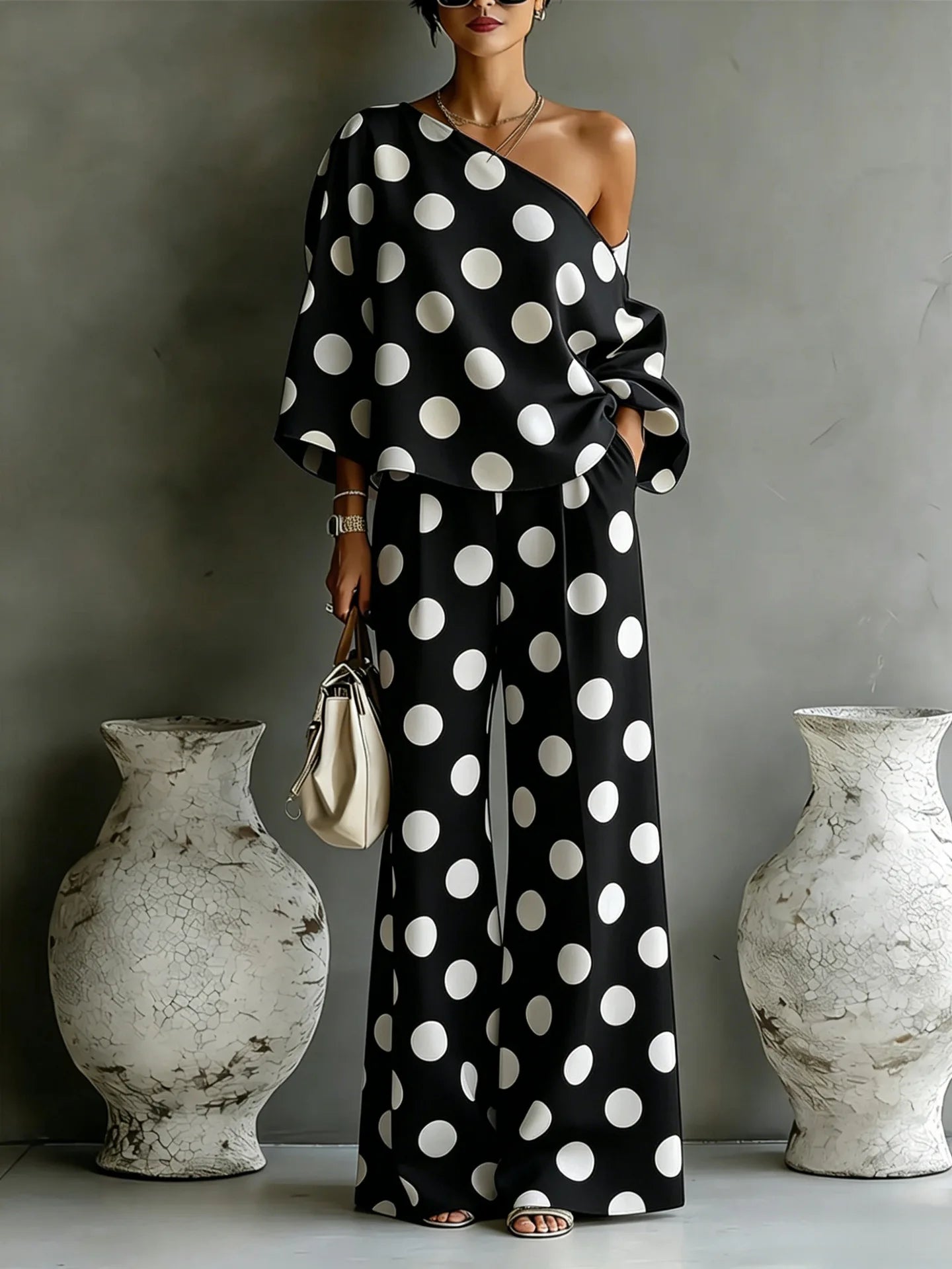 Summer New Color Wave Point Set Women Slant Shoulder Open Back Top+High Waist Wide Leg Pants Vacation Style Loose 2 Piece Suit