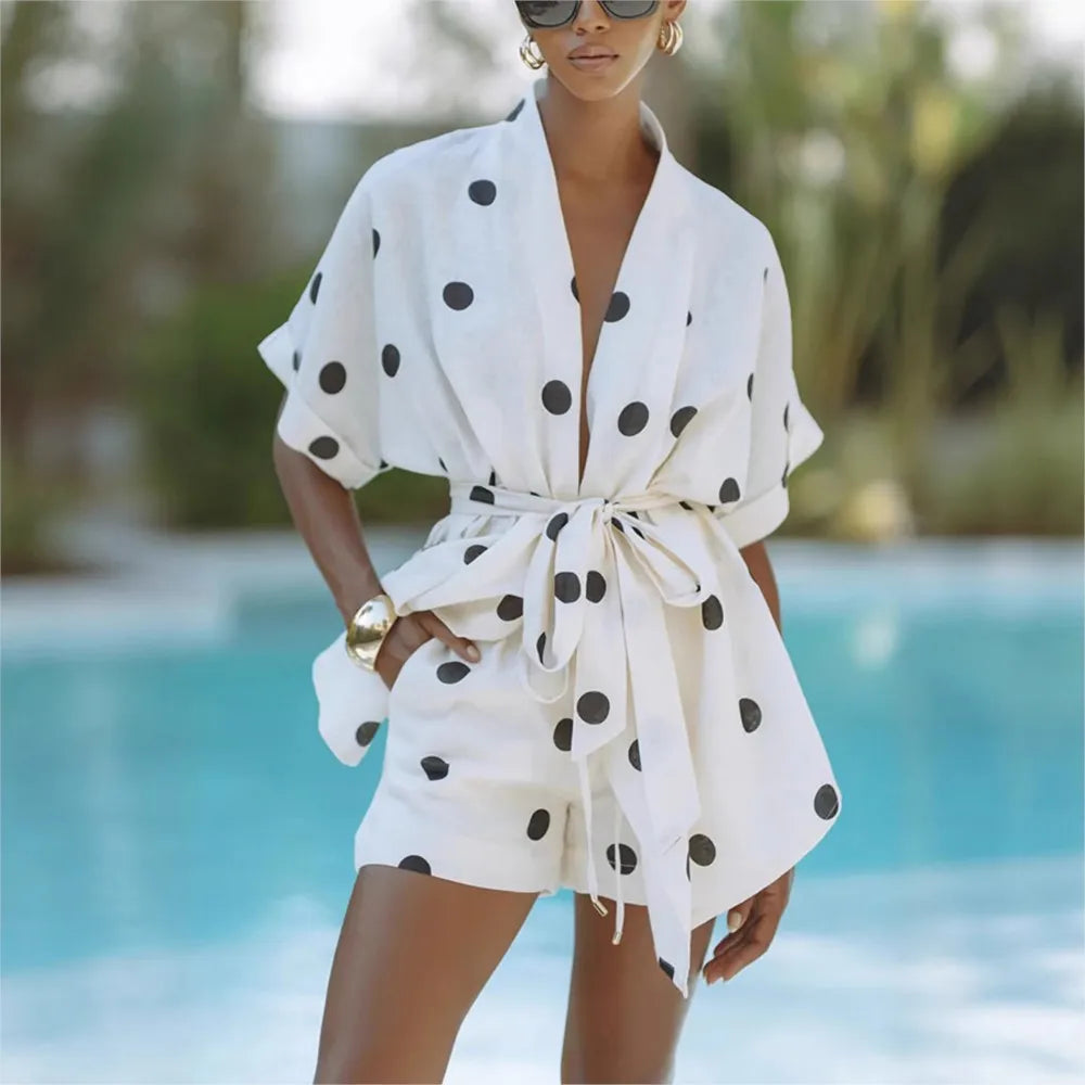2026 Casual Women's Matching Sets 2 Pieces Set For Woman Two Piece Outfit Simple Style Home Clothing Polka Dots Printed Vacation