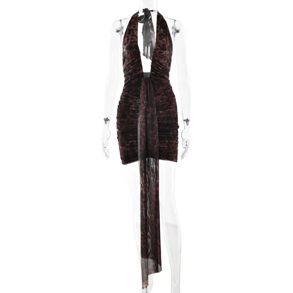 Avrilyaan Leopard Print Halter Pleated Ribbon Dress Women Mini 2025 Summer Dress Deep V Backless Sexy Party Dresses Vestidos
