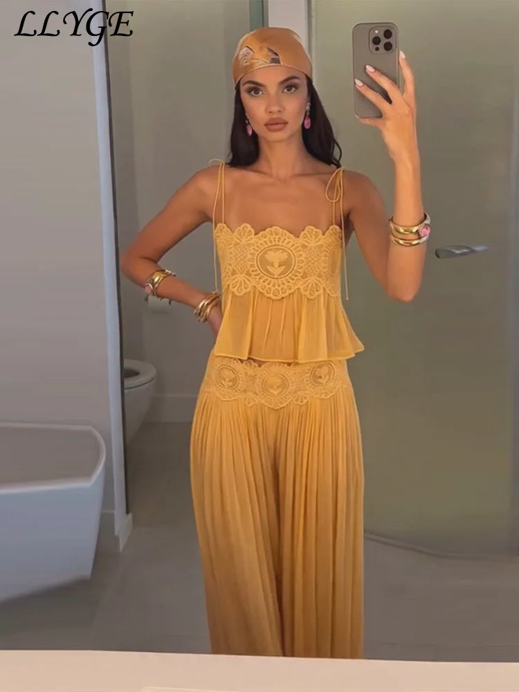 Beach Floral Lace Hollow Out Women's Pants Sets Ruffles Spaghetti Strap Crop Tops Loose Pleated Lantern Pant 2026 Summer Suits