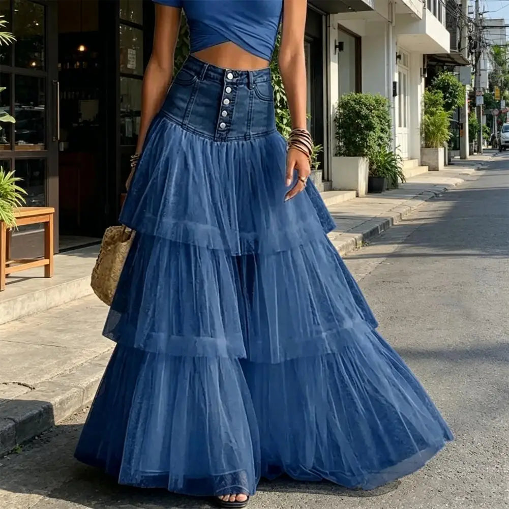 Maxi Skirt Women Skirt Women’s High Waist Mesh Skirt Breathable Patchwork Maxi Versatile Wedding Night Out Summer Mesh Skirts