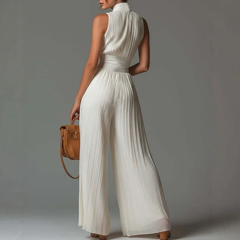 Spring Stand Collar Zipper Pleated Jumpsuit Women Elegant High Waist Wide Leg Long Pants Romper Summer Sleeveless Loose Overalls