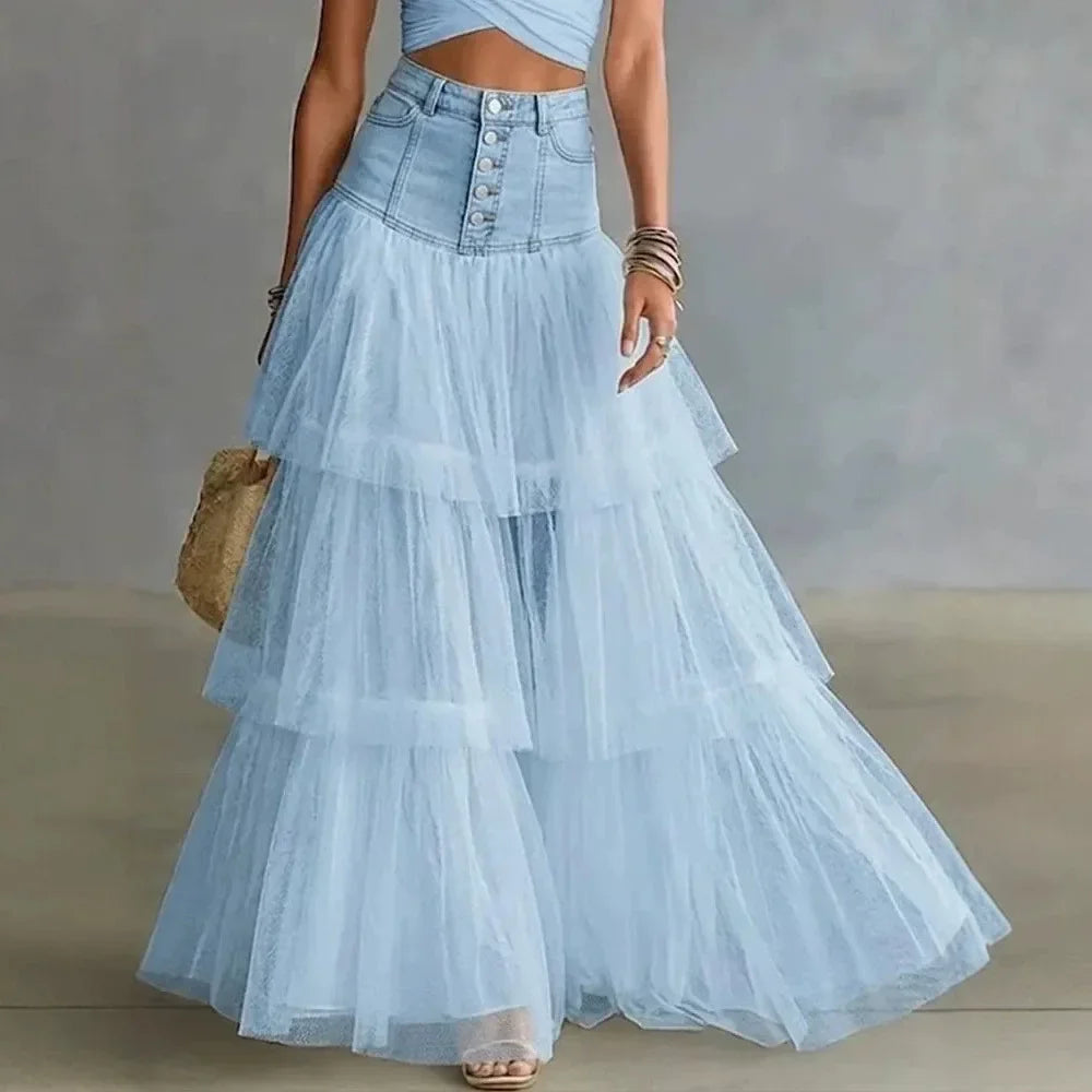 2026 Summer Women's Mesh Tiered Elegant High Waist Tulle Cake Skirt Large Swing Midi Skirt Casual Fairy Long Skirt New