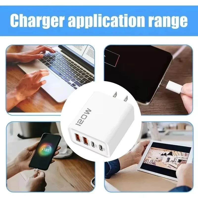 4 Port USB Charger Total 120W Fast Charging EU/US/UK Plug Wall Charger Mobile Phone Power Adapter For Phone Charge Type C Cable