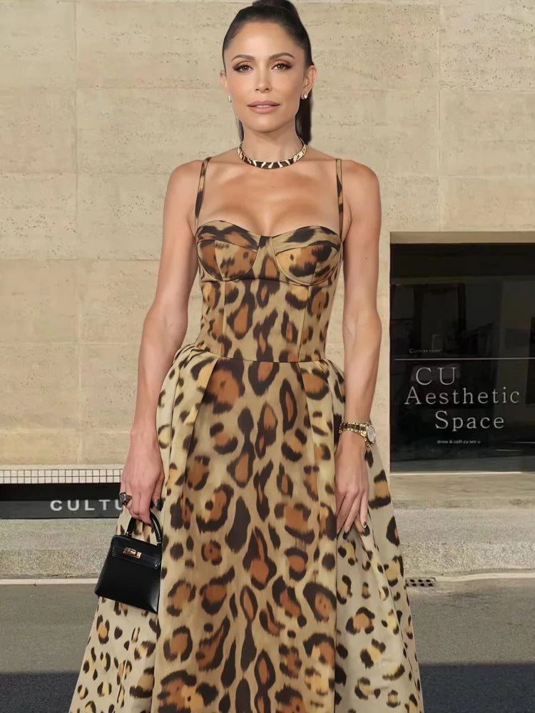 Leopard Print Sleeveless Sling Dress For Women Fashion Chic Backless A Line Dresses 2025 Elegant Female High Street Vestidos