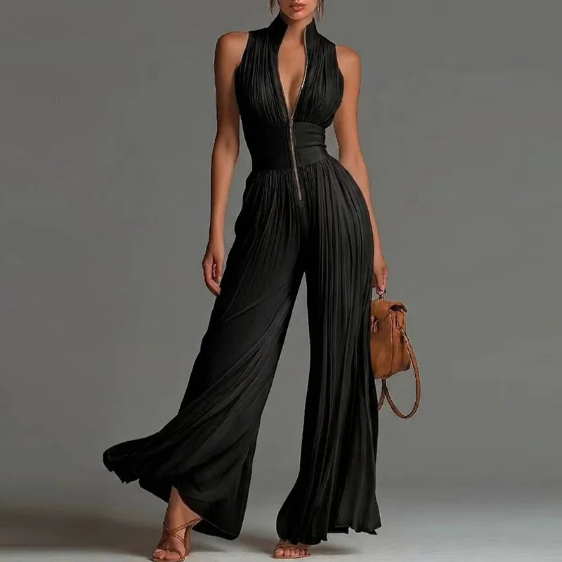 Spring Stand Collar Zipper Pleated Jumpsuit Women Elegant High Waist Wide Leg Long Pants Romper Summer Sleeveless Loose Overalls