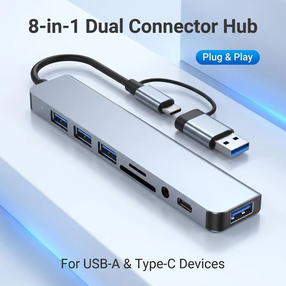 8 in 2 Type C USB HUB Docking Station with 3.5mm Audio Jack for Micro SD Card Reader MacBook Laptop Tablet Phone Disk Converter