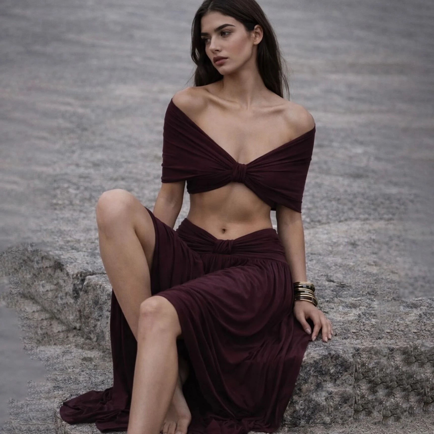 Soild Two Piece Skirt Off Shoulder Halter Beach Dress Women High Waist A-line Bandage Ruched Long Skirt Suit Summer Casual Set