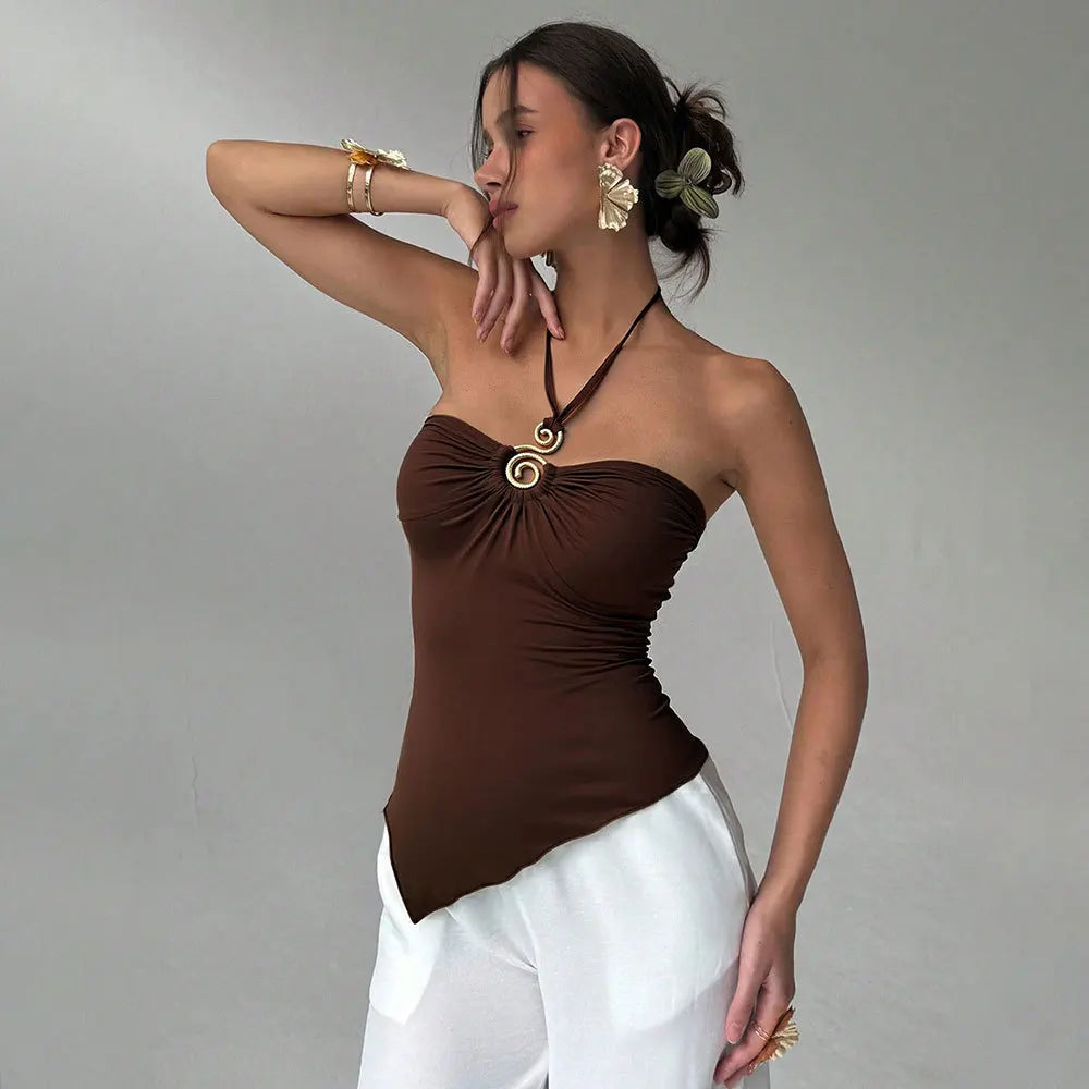 Women's Clothing Halter Neck Tube Top Summer Slim Sleeveless Top Solid Color Casual Simple Style All-match Bodycon Off Shoulder