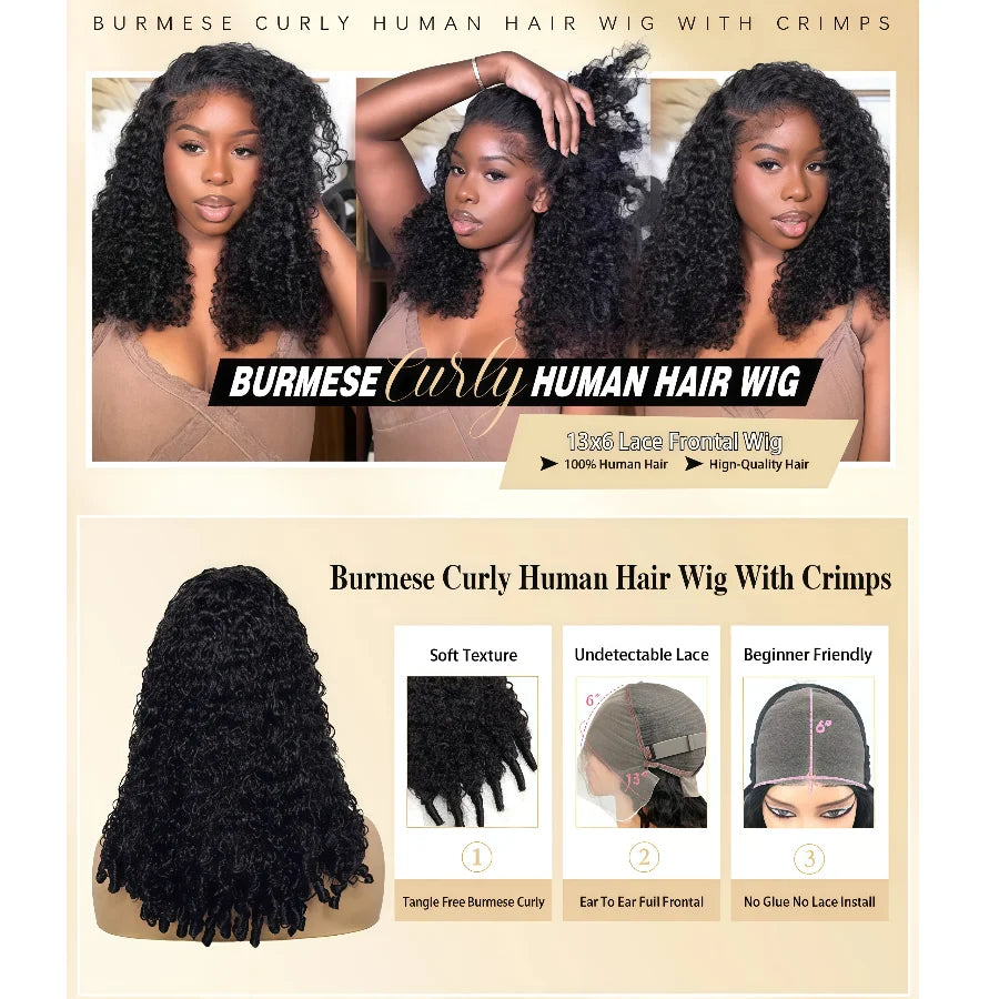 12A Burmese Curly Human Hair Wig Ready to Wear 200% 250% Density 13x4 Transparent Lace Frontal Wig Deep Wave Curly Lace Front Human Hair Wigs For Woman Ready to Wear On Clearance Sale Pre Plucked Wig Party Work Daily Life