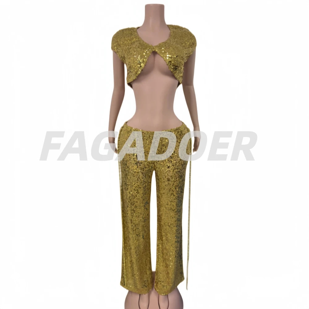 FAGADOER Sexy Hollow-out Sequin 2 Pieces Set for Woman Solid Deep V-neck Crop Top and Tassel Pants Female Streetwear Clothing