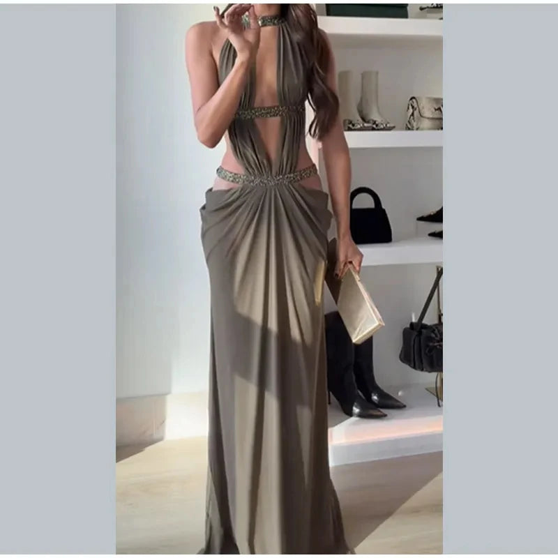 Hollow Out Halter Maxi Dress Sexy Pleated Solid Sleeveless Off Shoulder Backless Slim Women Dresses Fashion Party Gowns