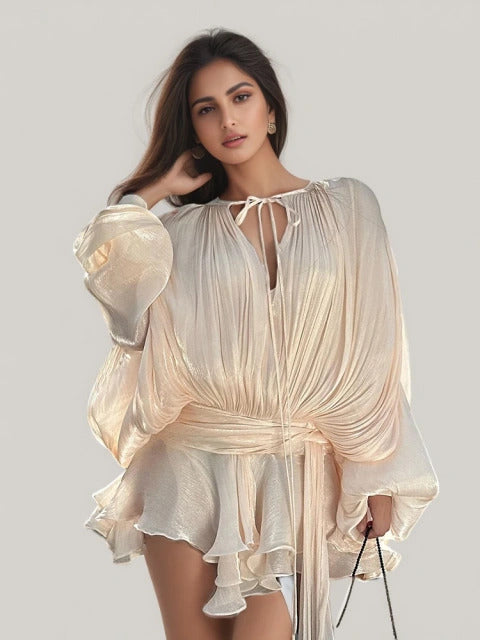 Long Sleeve Lace-Up Ribbon Mini Dress