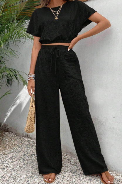 Round Neck Short Sleeve Top and Pants Set for Women - Selvanelle