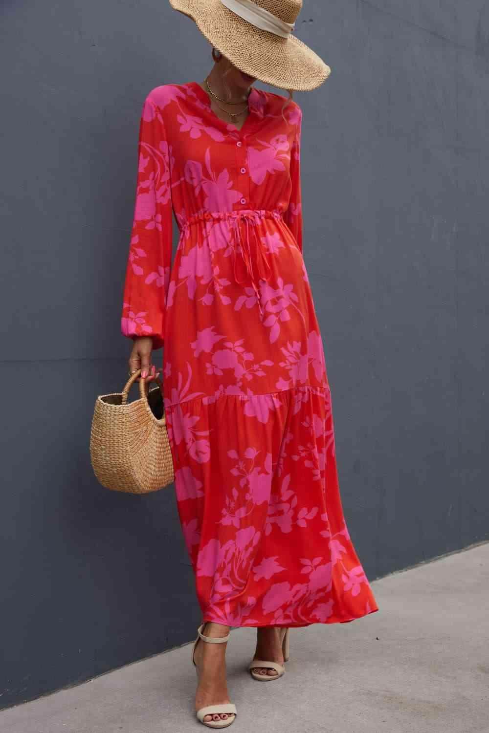Floral Drawstring Waist Long Sleeve Dress for Women - Selvanelle