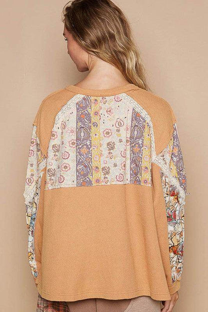 POL Waffle-Knit Lace Detail Round Neck Top for Women - Selvanelle