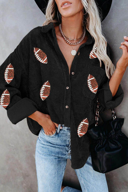 Sequin Football Button Up Long Sleeve Jacket for Women - Selvanelle
