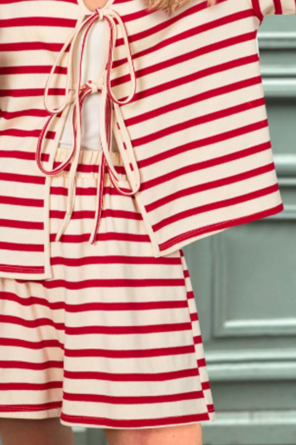 Tied Striped V-Neck Top and Shorts Set for Women