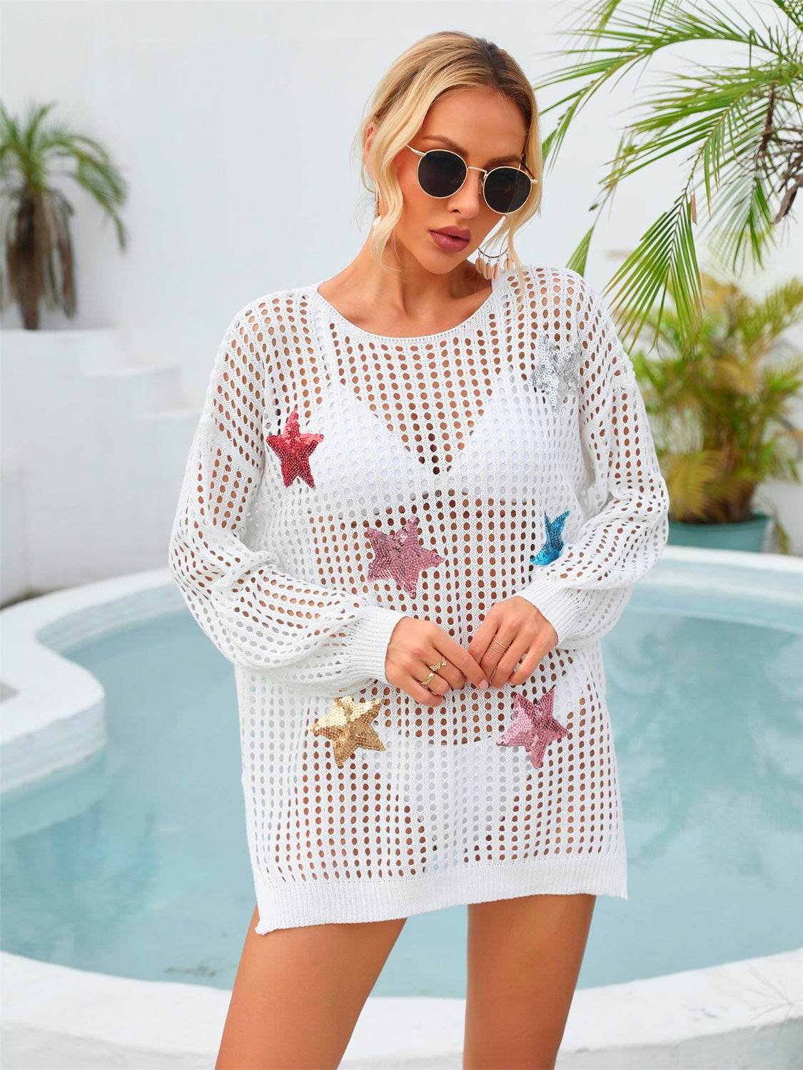 Angel Wings Sequin Star Round Neck Long Sleeve Cover Up - Selvanelle