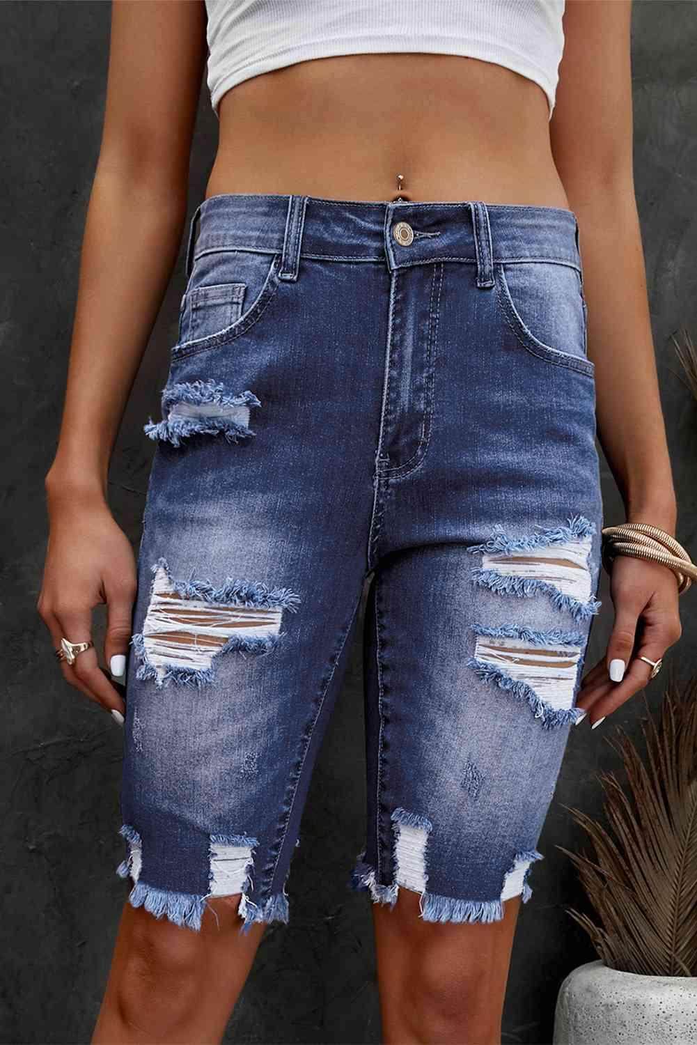 Distressed Frayed Hem Denim Bermuda Shorts for Women - Selvanelle