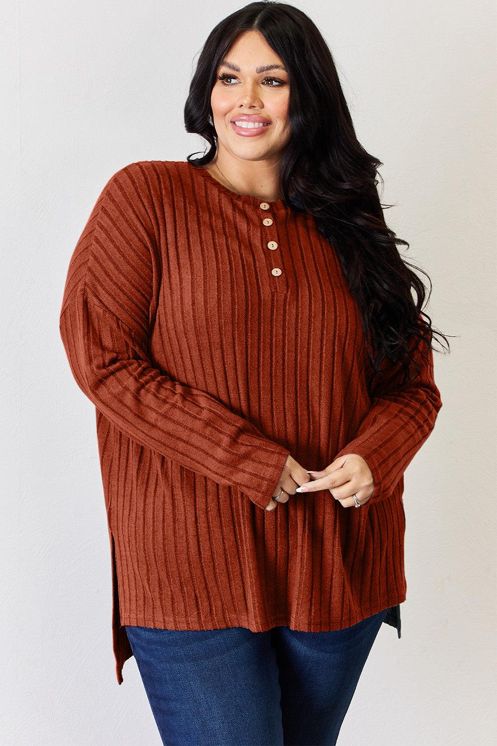 Basic Bae Full Size Ribbed Half Button Long Sleeve T-Shirt