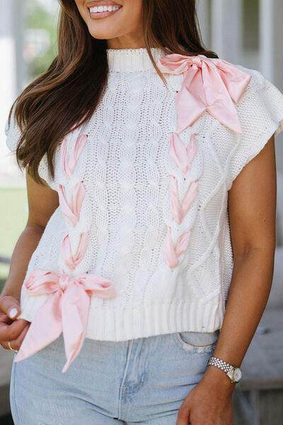 Cable-Knit Tied Mock Neck Cap Sleeve Sweater for Women - Selvanelle
