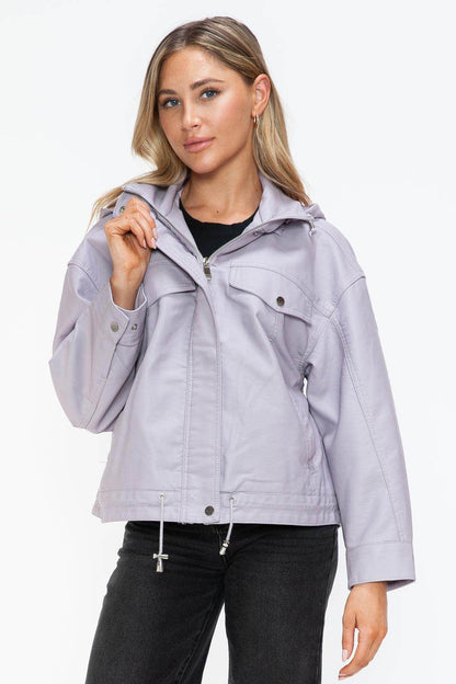 How Dare U Drawstring Hem PU Leather Zip Up Jacket Women - Selvanelle